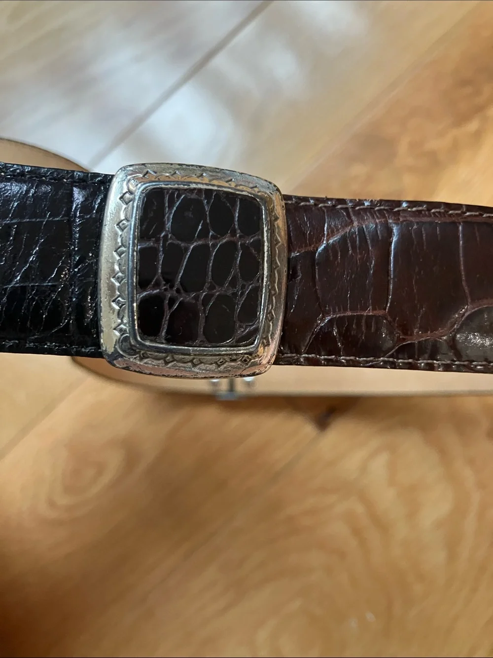 Brighton Black Croc-Embossed Leather Belt with Silver Buckle and details